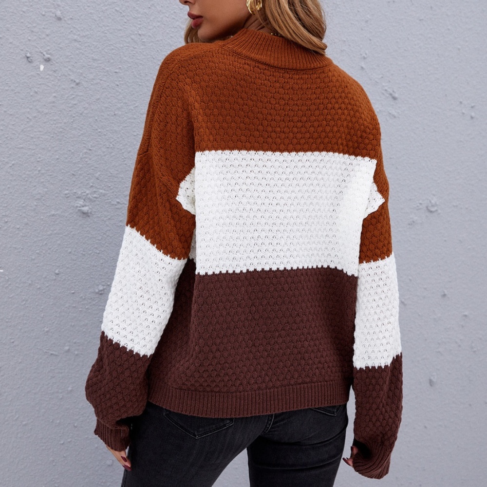 Brown White Oversized Color Block Knit Sweater - Picture 3 of 4